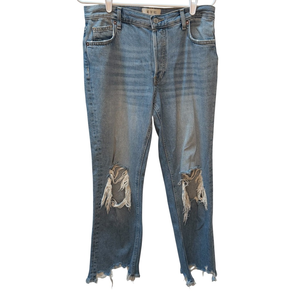 We The Free Free People Distressed Straight Leg Jeans Blue Light Wash Size 27